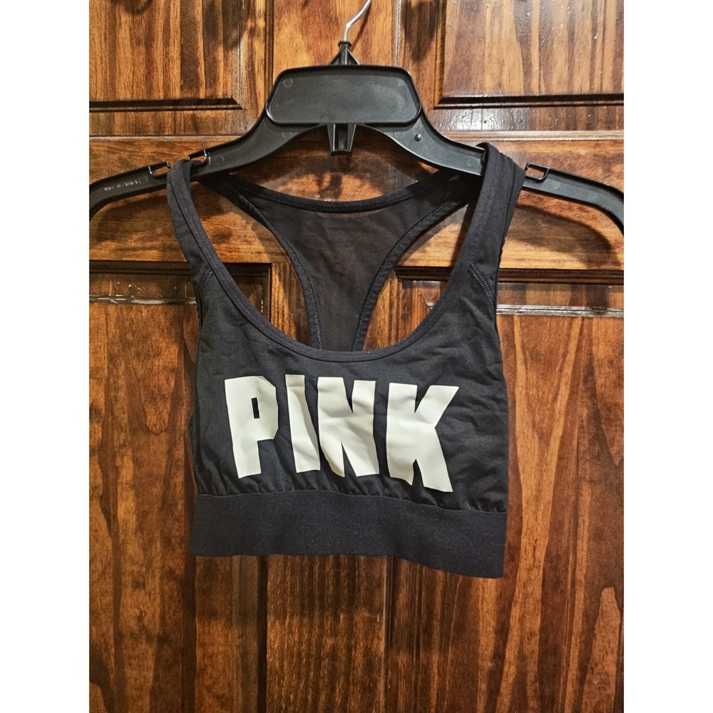 Pink Victoria's Secret Black Sports Bra Logo Racerback Mesh Back Womens XS